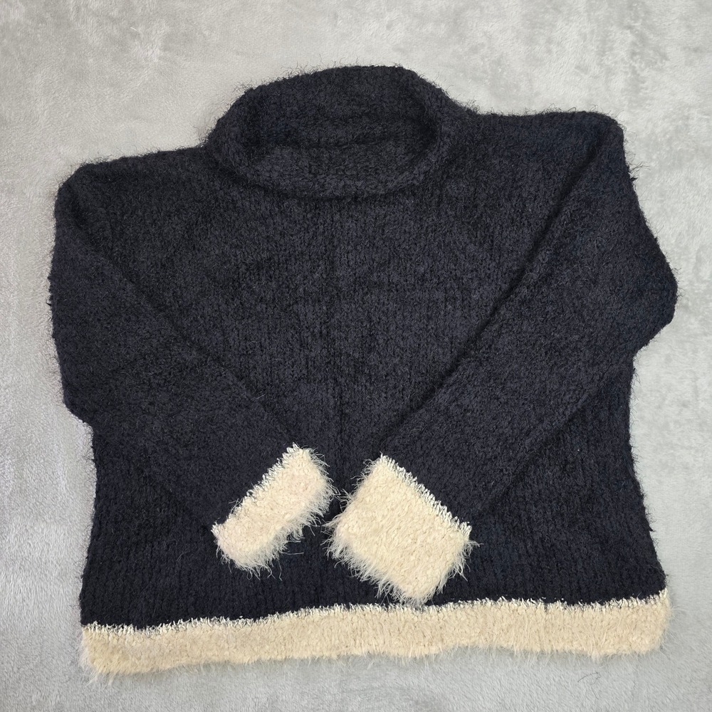 Black Fuzzy short Knit Mock Neck Sweater Cream Eyelash Trim Pullover